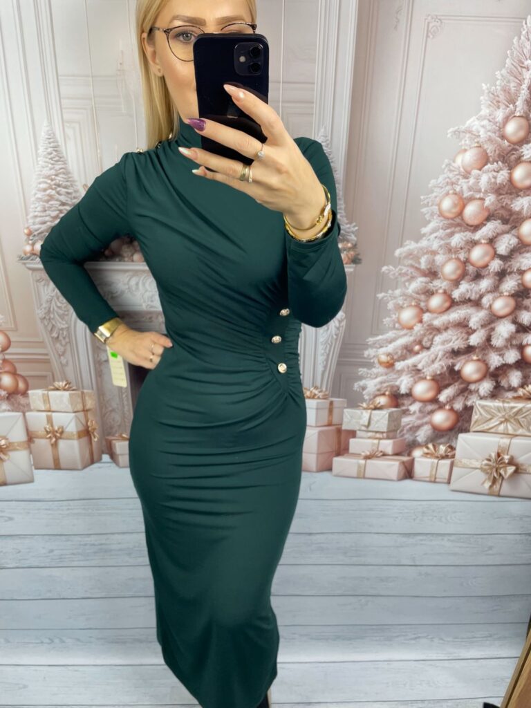 Sukienka z Marszczeniami i Złotymi Guzikami Butelkowa Zieleń Sukienka z Marszczeniami i Złotymi Guzikami Butelkowa Zieleń