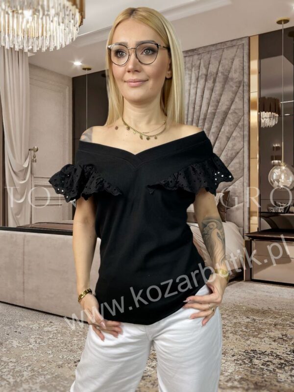 Bluzka Prążkowana z Falbanką Czarna