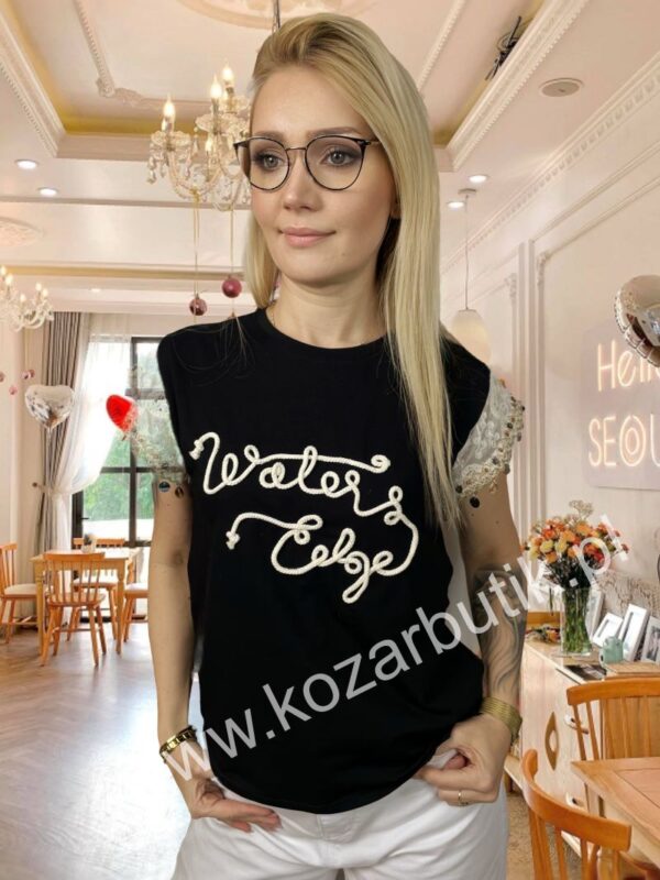 Koszulka z Koronkowym Rękawem Czarna