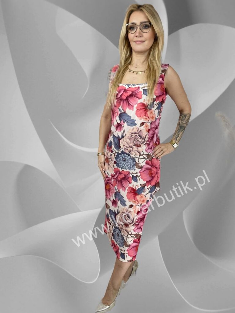 Sukienka Prążek z Rozcięciem Śmietanka