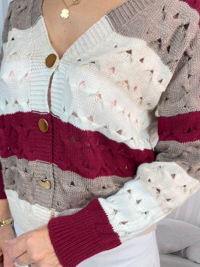 Sweter Ażurowy w Pasy Czekolada