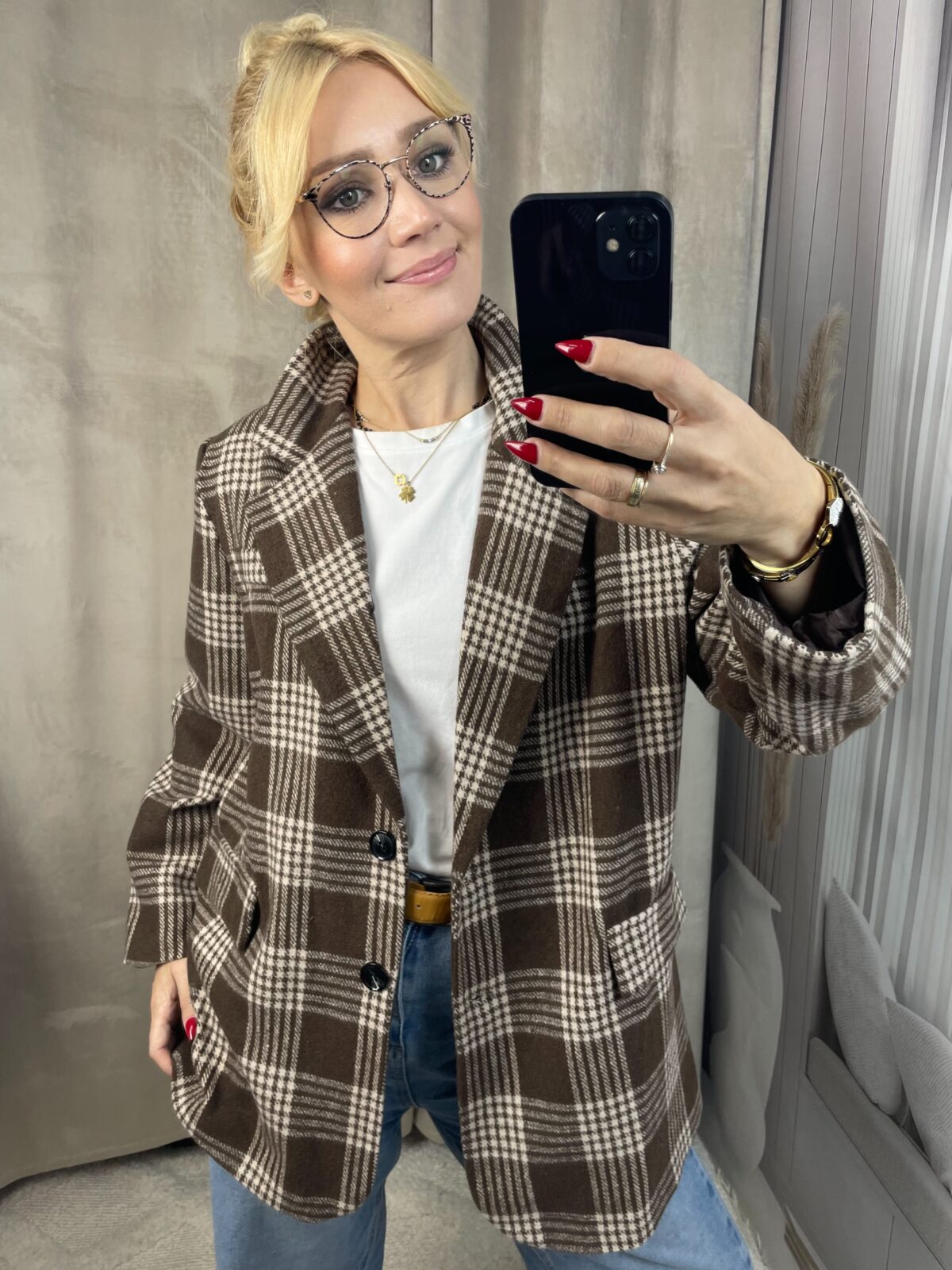 Marynarka Oversize w Kratę - Czekolada