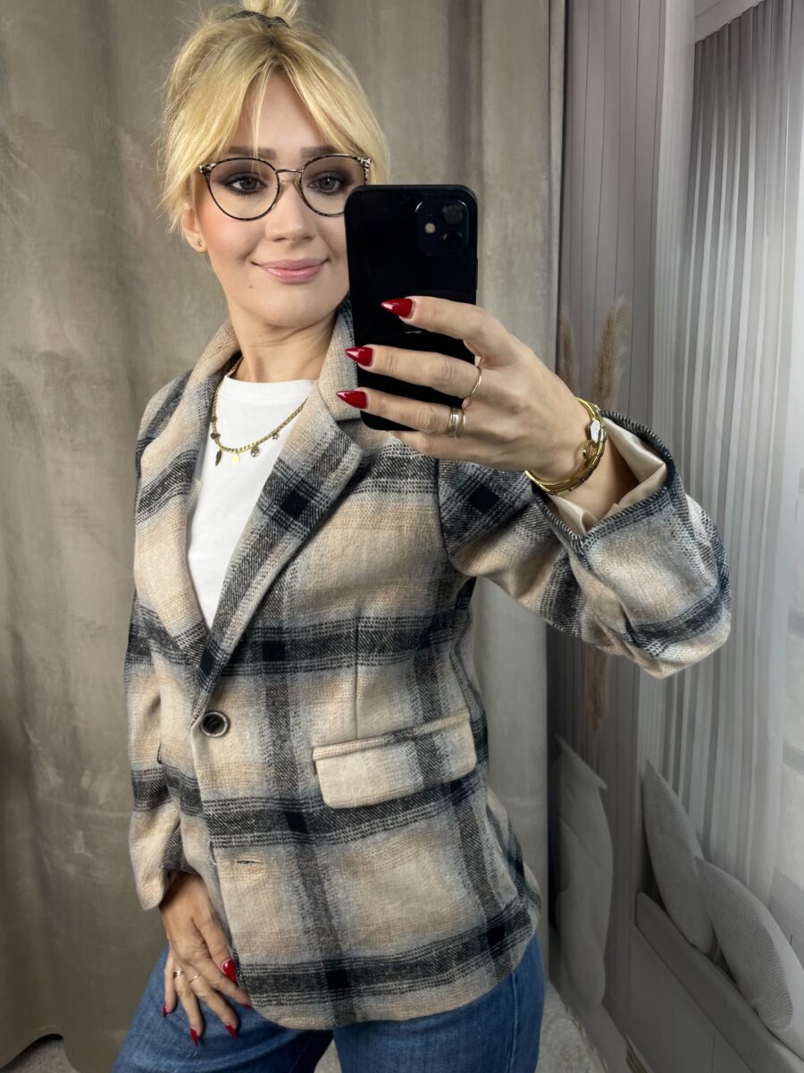 Marynarka Taliowana w Kratę- Beżowo-Czarna - obrazek 2
