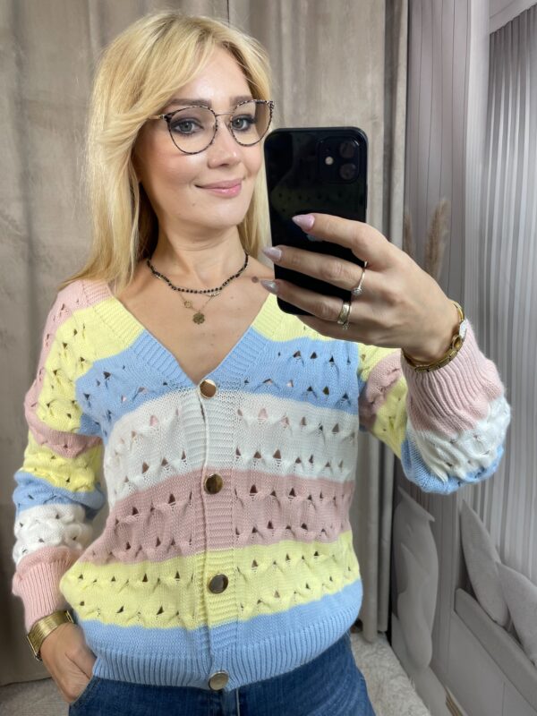 Sweter Ażurowy w Pasy Pudrowy Róż