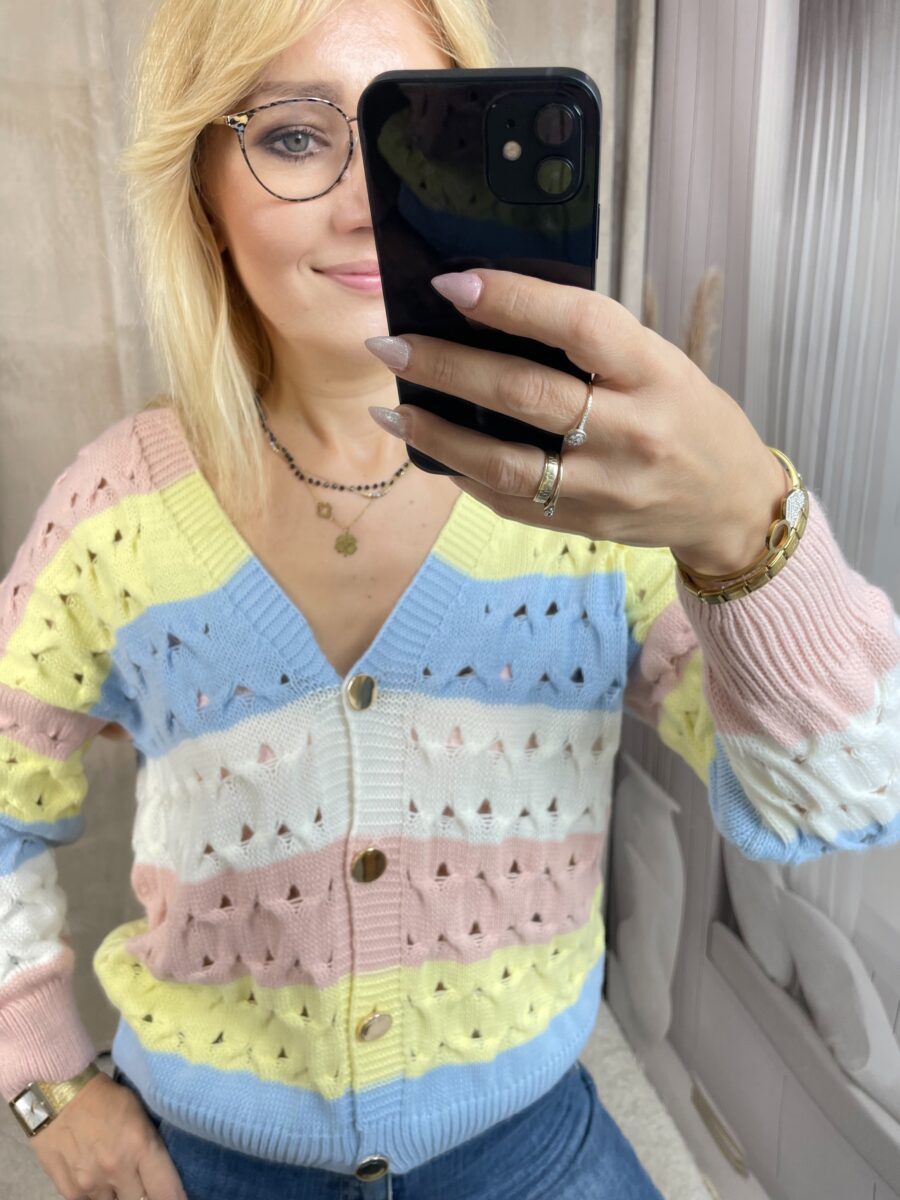 Sweter Ażurowy w Pasy Pudrowy Róż - obrazek 2