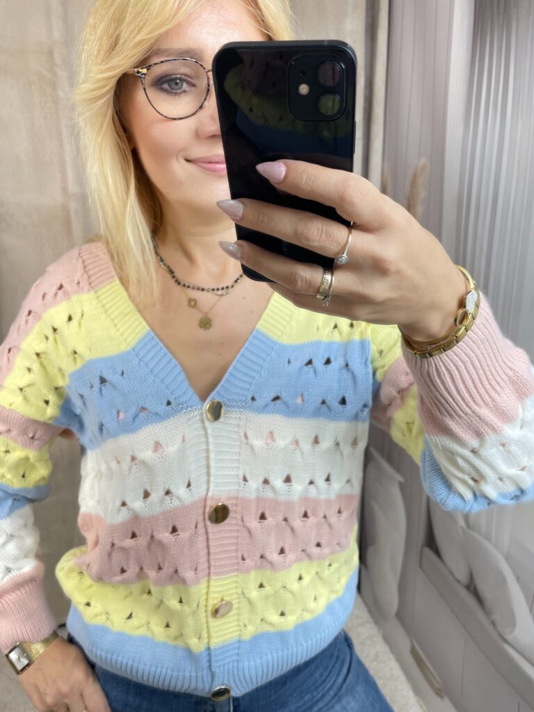 Sweter Ażurowy w Pasy Pudrowy Róż