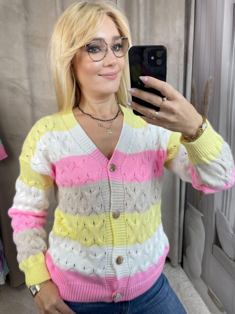 Sweter Ażurowy w Pasy Żółty