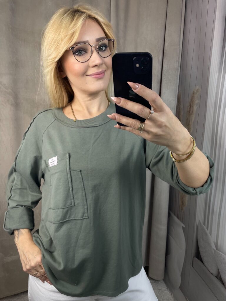 Bluzka z Kieszonką i Ściągaczem - Oliwka