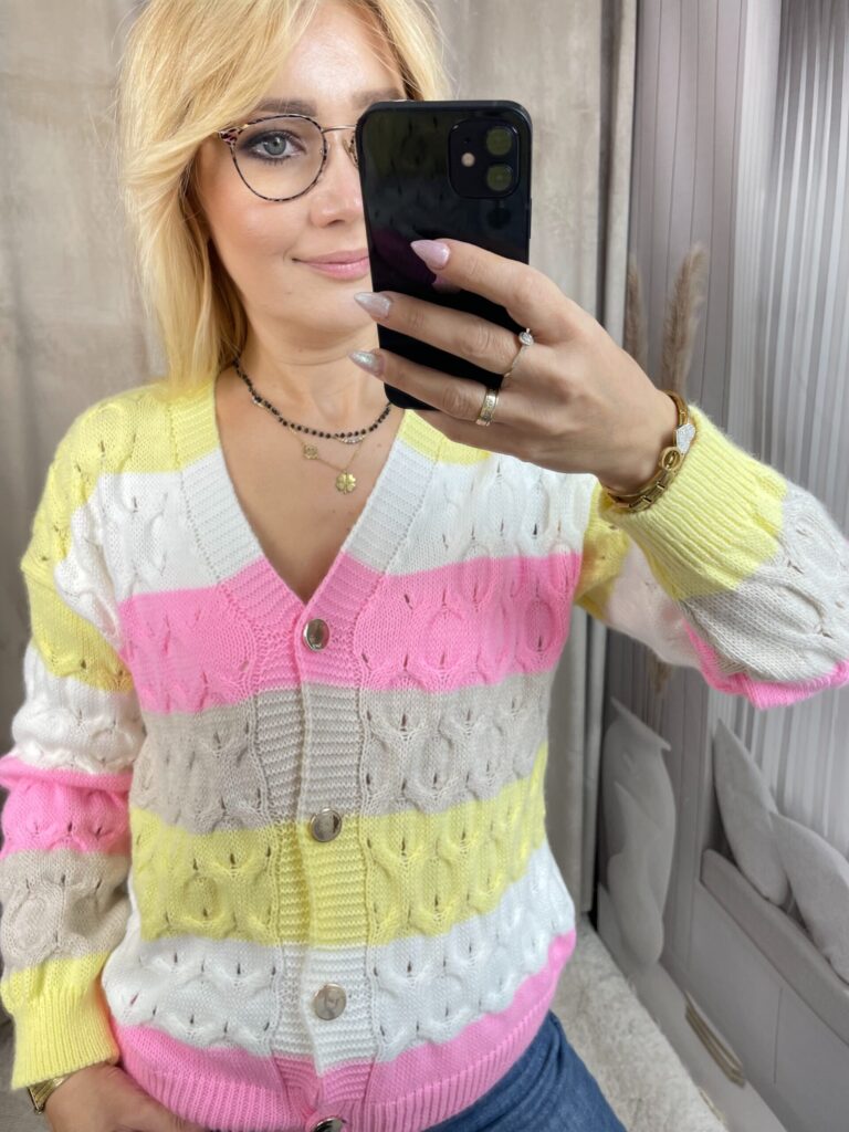 Sweter Ażurowy w Pasy Żółty