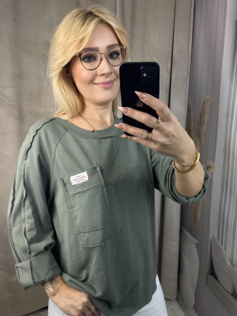 Bluzka z Kieszonką i Ściągaczem - Oliwka