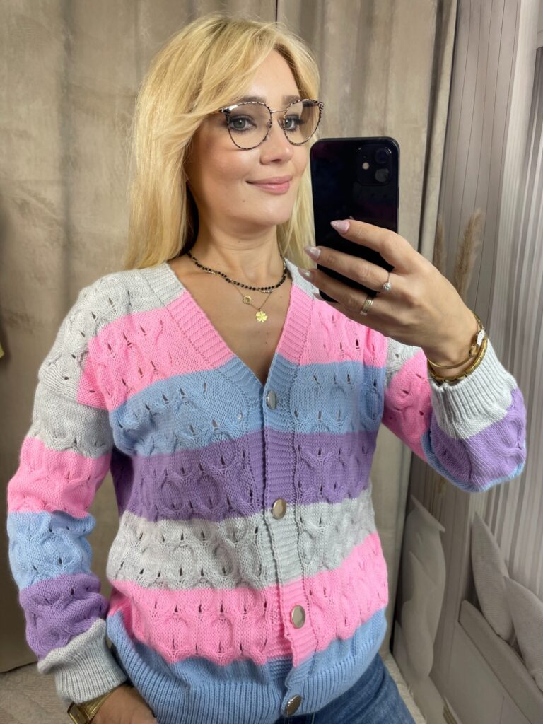 Sweter Ażurowy w Pasy Szary