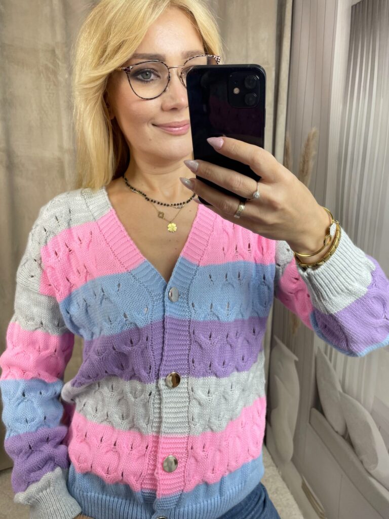 Sweter Ażurowy w Pasy Szary