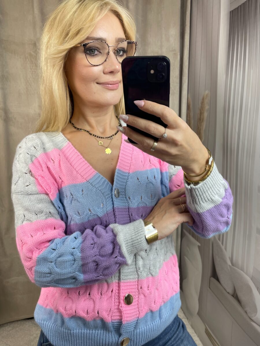 Sweter Ażurowy w Pasy Szary - obrazek 3