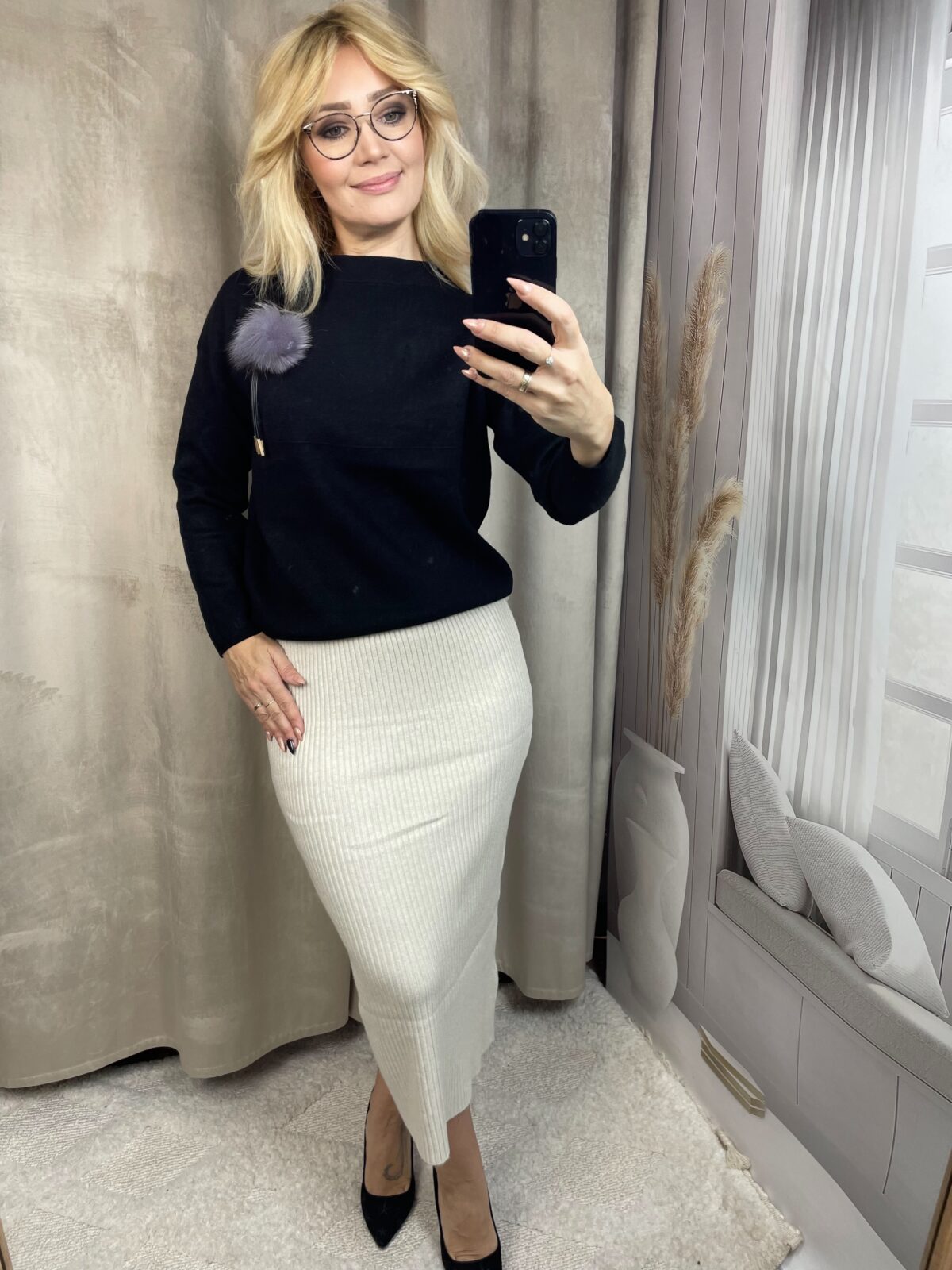 Spódnica Ołówkowa z Dzianiny Prążkowanej Jasny Beż