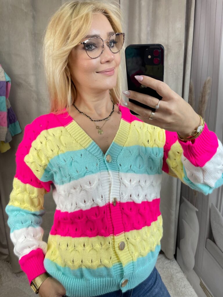 Sweter Ażurowy w Pasy Neonowy Róż