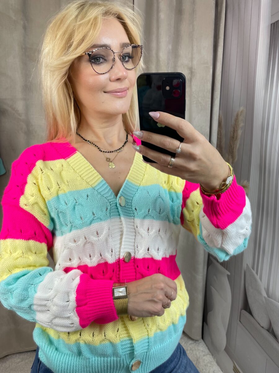 Sweter Ażurowy w Pasy Neonowy Róż - obrazek 3