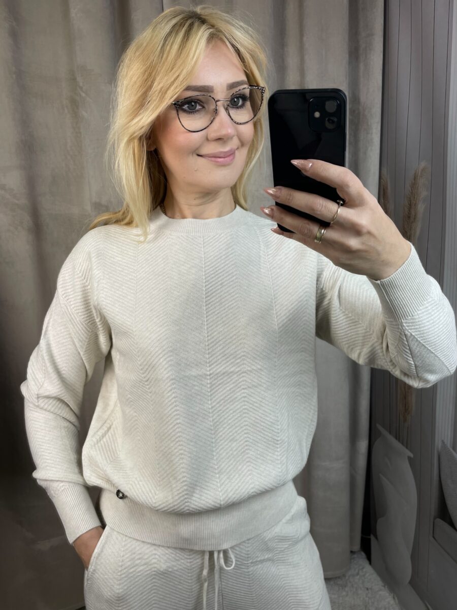 Komplet Dzianinowy Prążkowanie - Jodełka Jasny Beż L/XL - obrazek 2