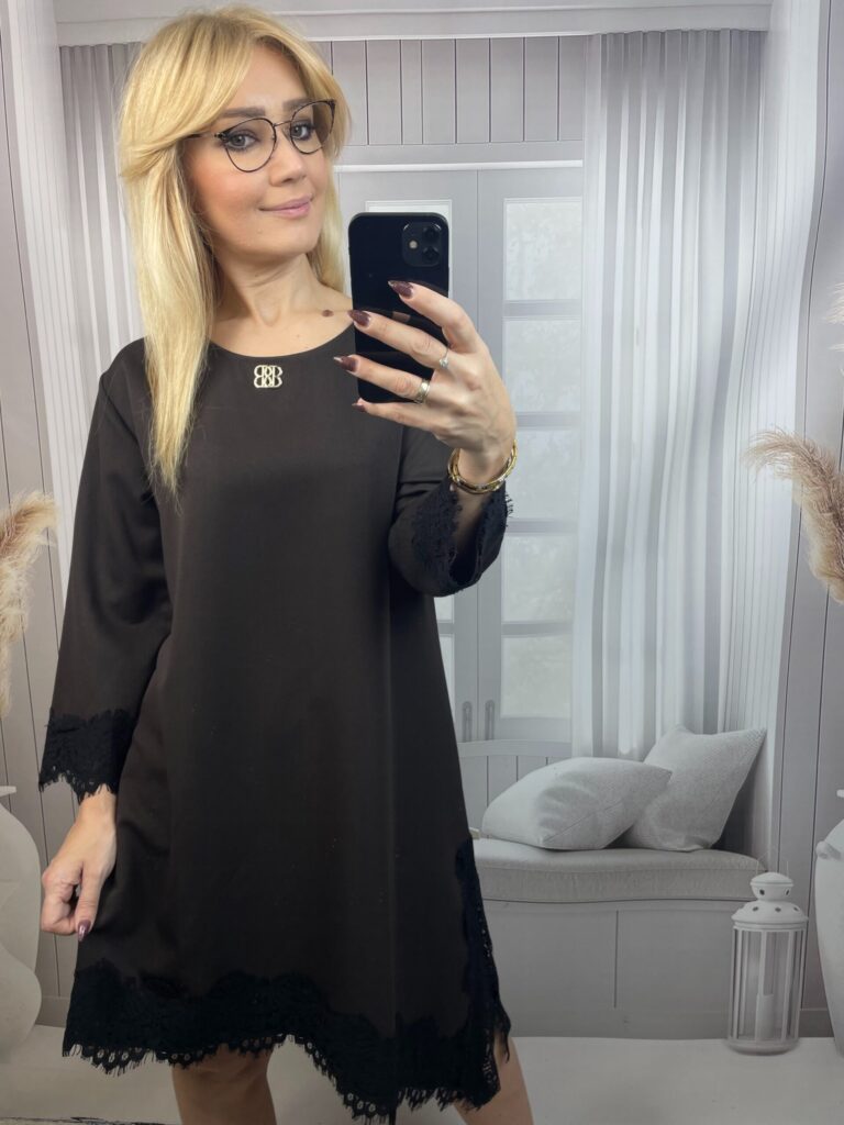 Sukienka Asymetryczna z Koronką Czekolada