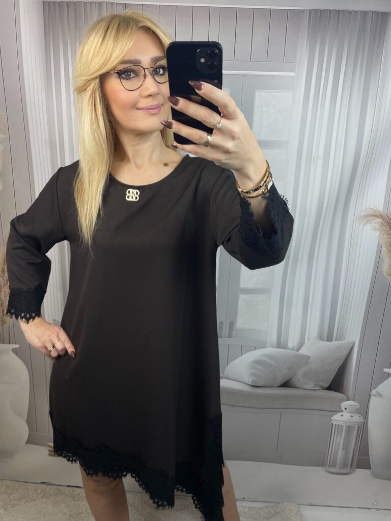 Sukienka Asymetryczna z Koronką Czekolada