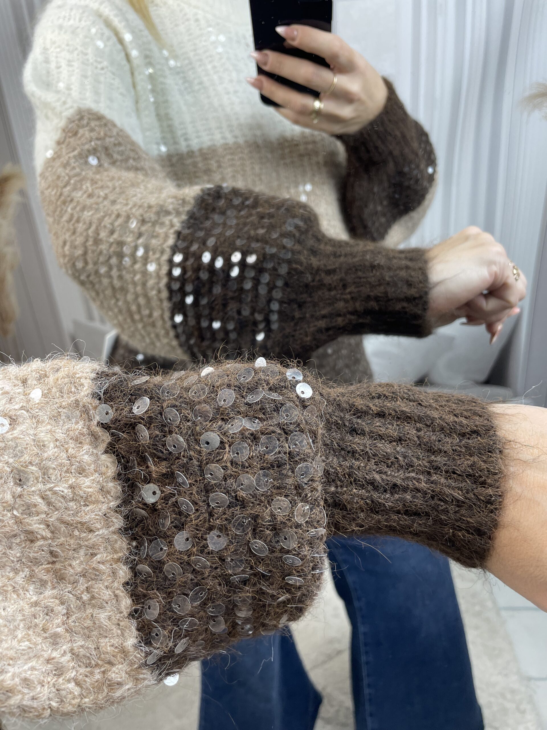 Sweter z Połyskującym Przodem Beżowo-Brązowy - obrazek 4