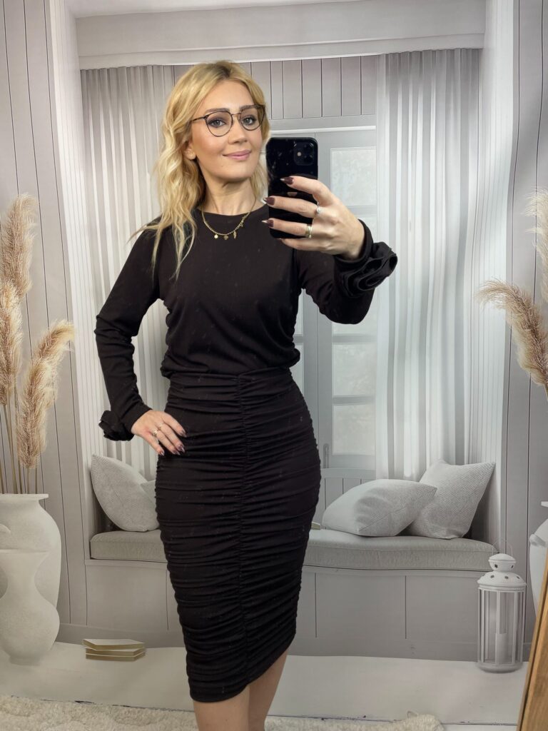 Spódnica Ołówkowa Prążkowana Marszczona Ciemna Czekolada