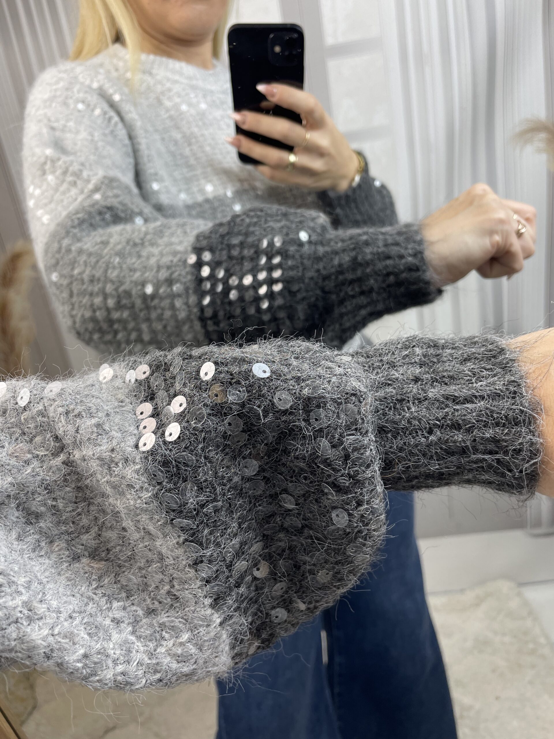 Sweter z Połyskującym Przodem Szaro-Szary - obrazek 4