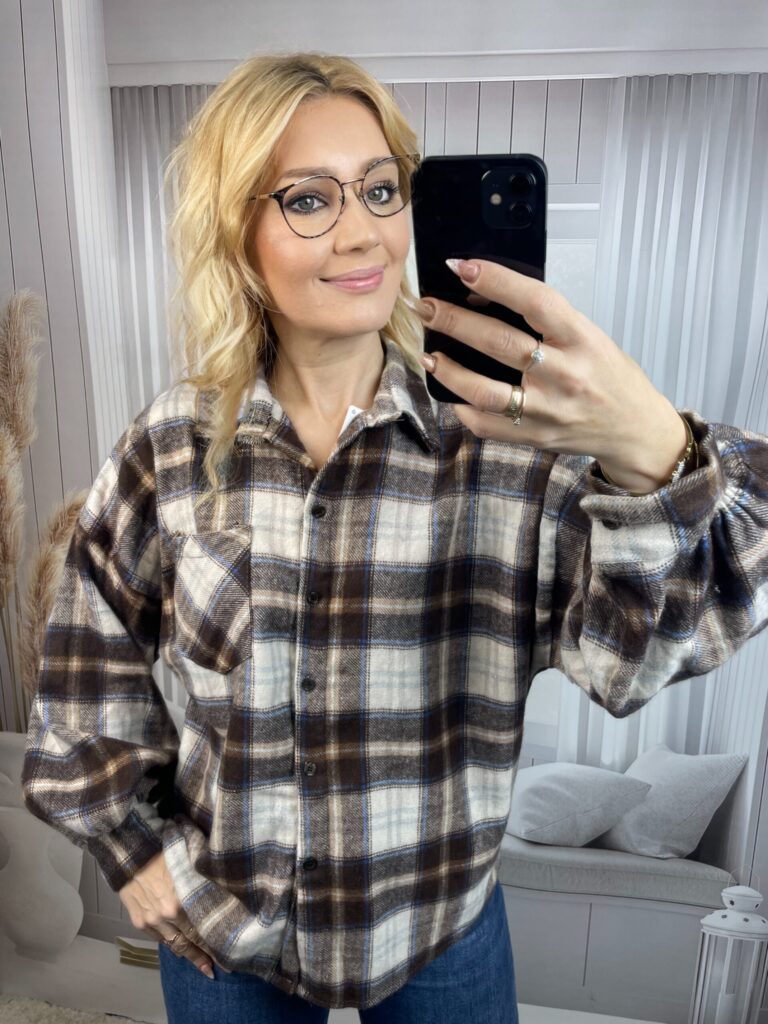 Koszula Flanelowa w Kratę Brąz-Beż Koszula Flanelowa w Kratę Brąz-Beż