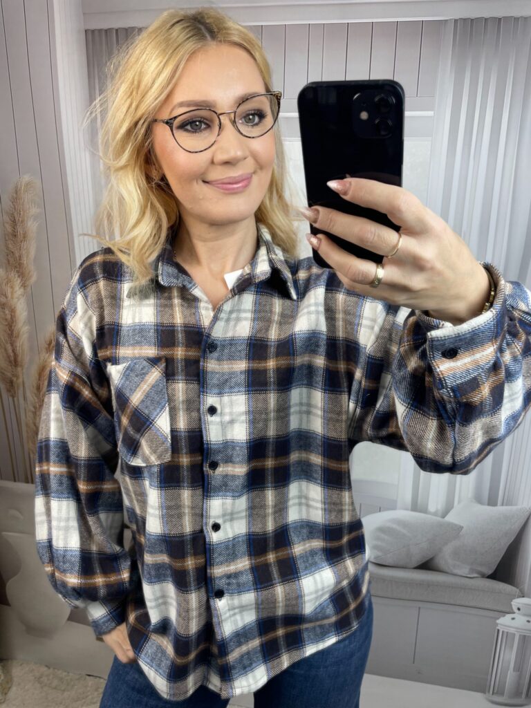 Koszula Flanelowa w Kratę Beż-Granat Koszula Flanelowa w Kratę Beż-Granat