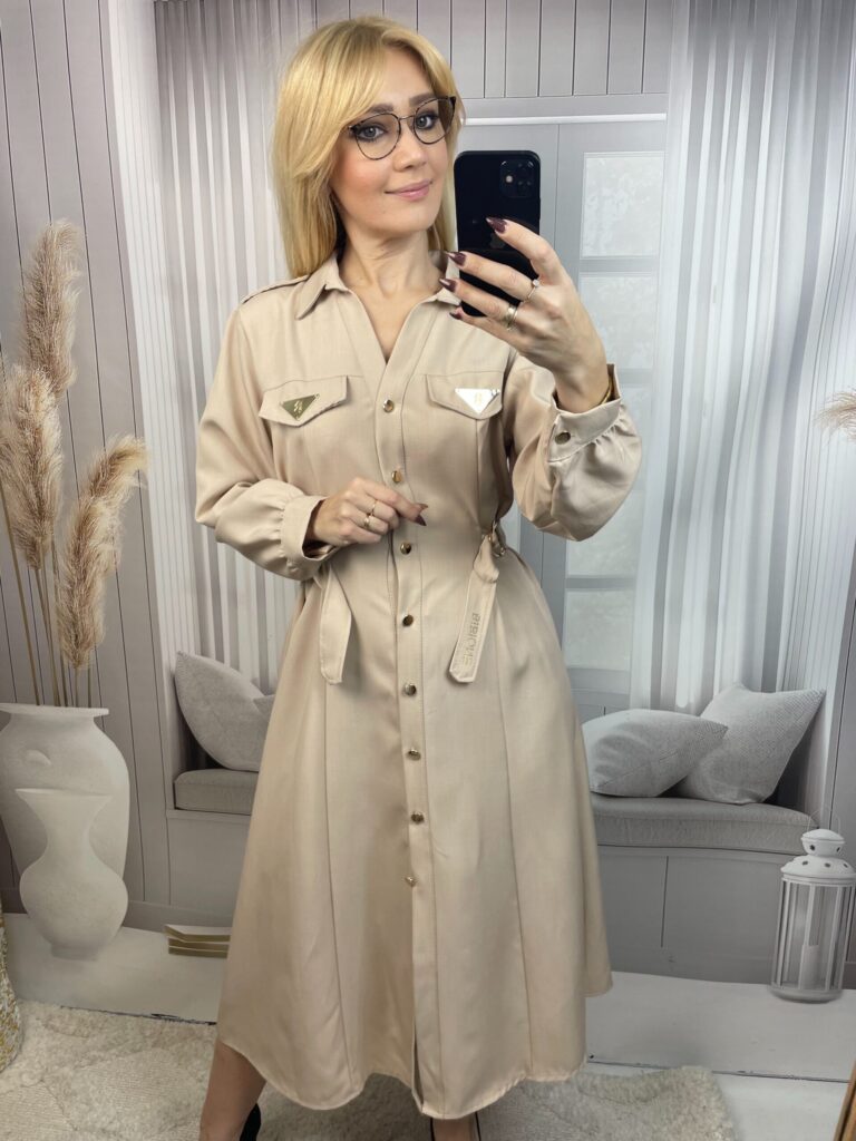 Sukienka BIBIONE Koszulowa Rozkloszowana Beż