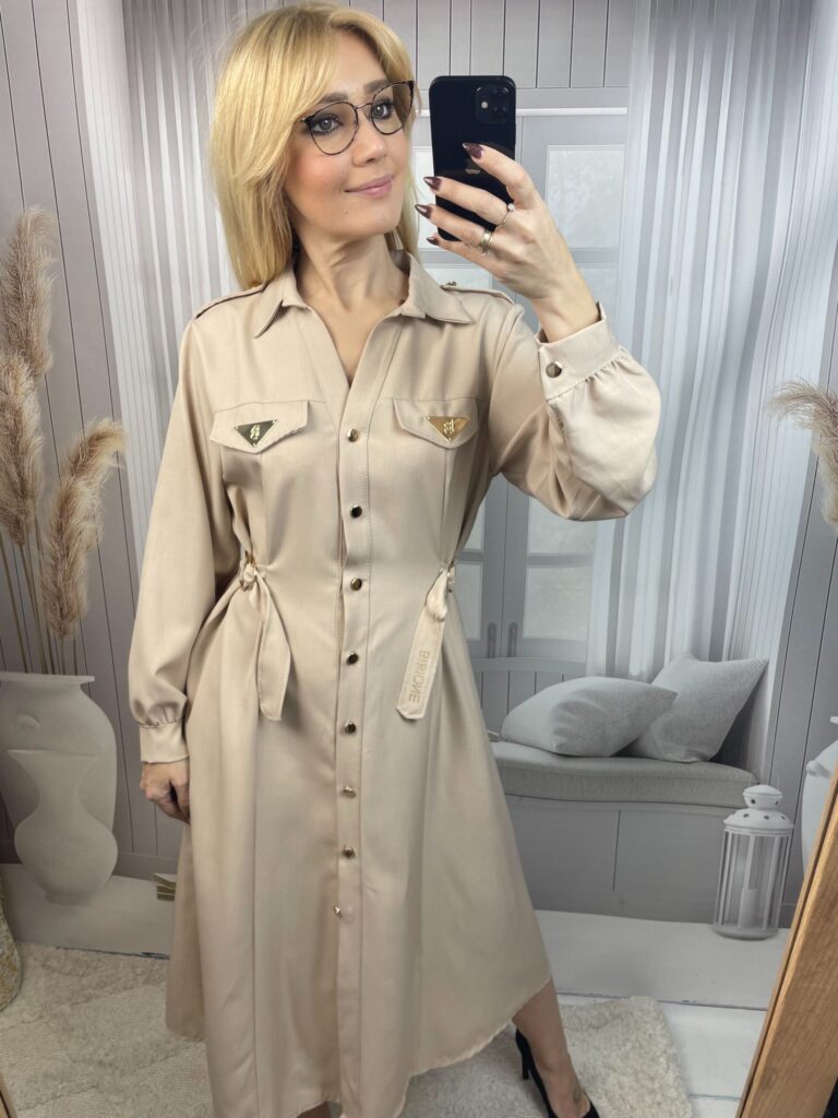 Sukienka BIBIONE Koszulowa Rozkloszowana Beż