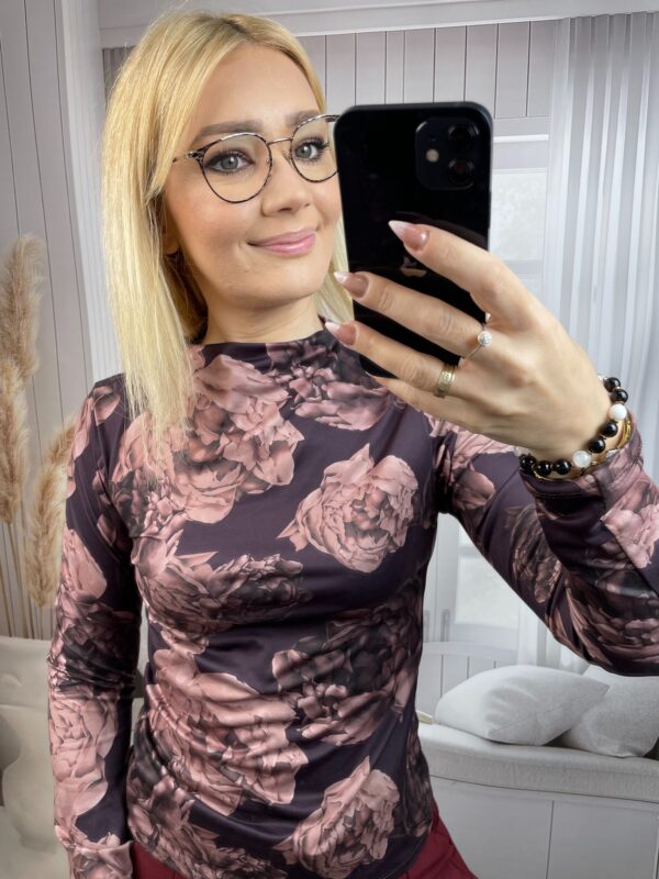 Półgolf w Kwiaty Pudrowy Róż- Brąz