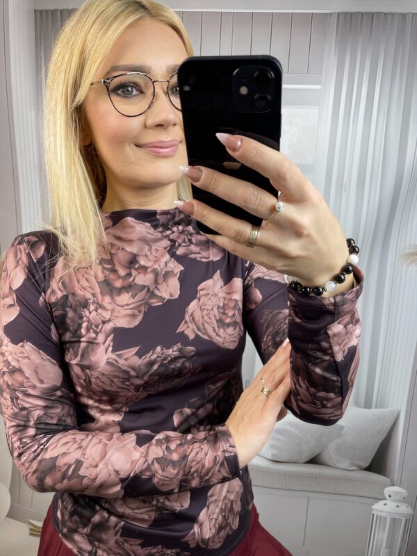 Półgolf w Kwiaty Pudrowy Róż- Brąz