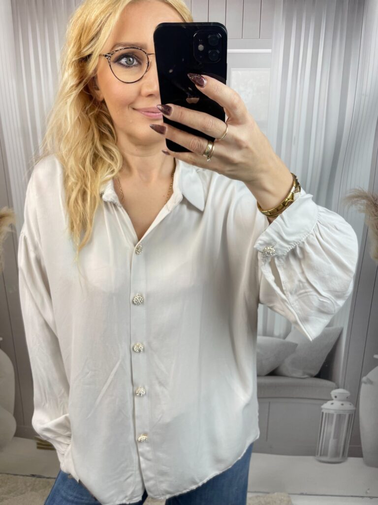 Koszula Oversize z Guzikami w Cyrkonie Jasny Beż Koszula Oversize z Guzikami w Cyrkonie Jasny Beż