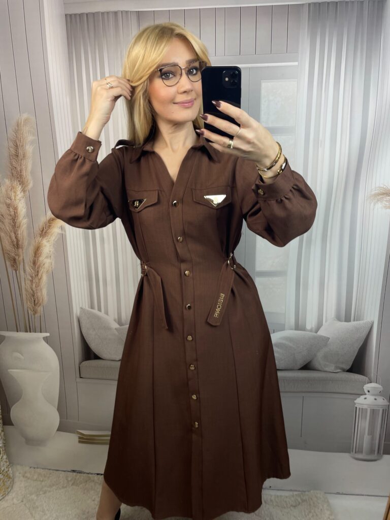 Sukienka BIBIONE Koszulowa Rozkloszowana Brąz