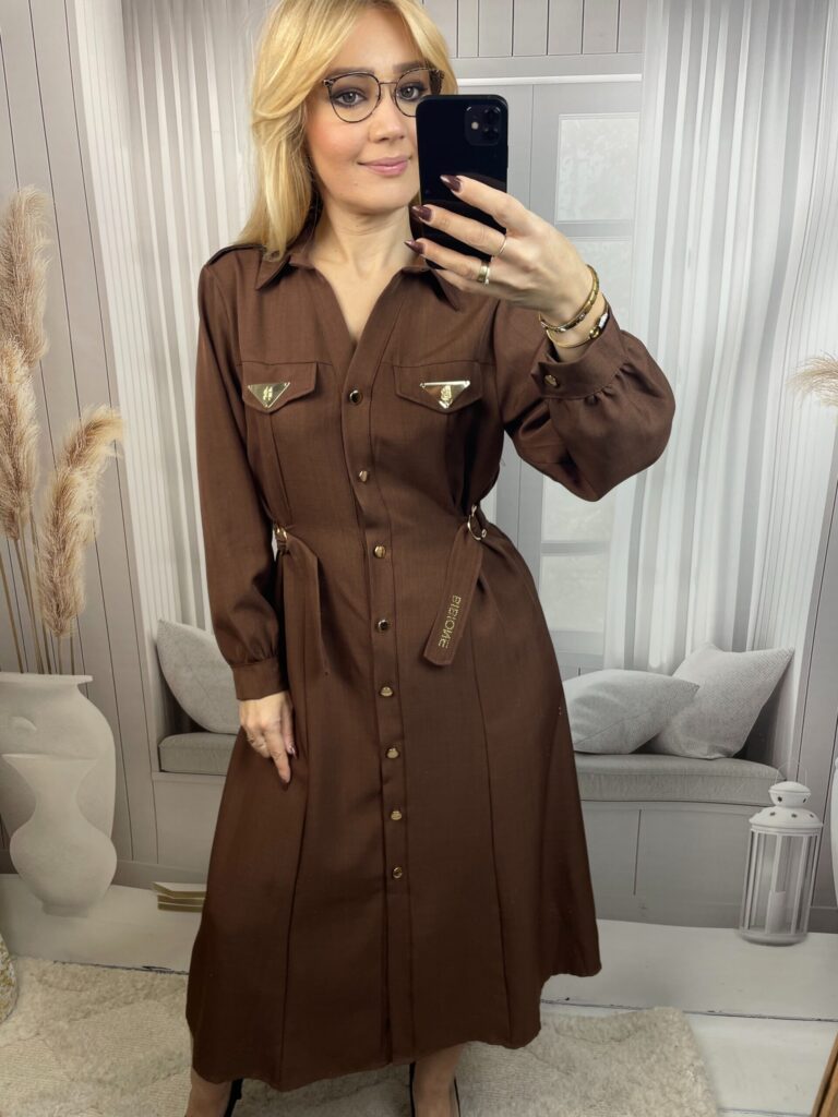 Sukienka BIBIONE Koszulowa Rozkloszowana Brąz