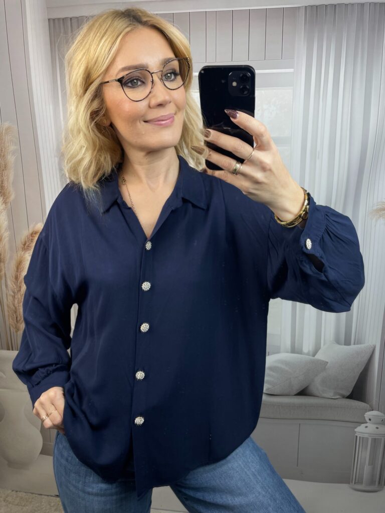 Koszula Oversize z Guzikami w Cyrkonie Granat