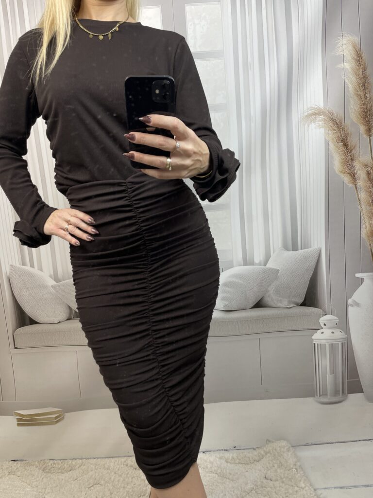 Spódnica Ołówkowa Prążkowana Marszczona Bordo