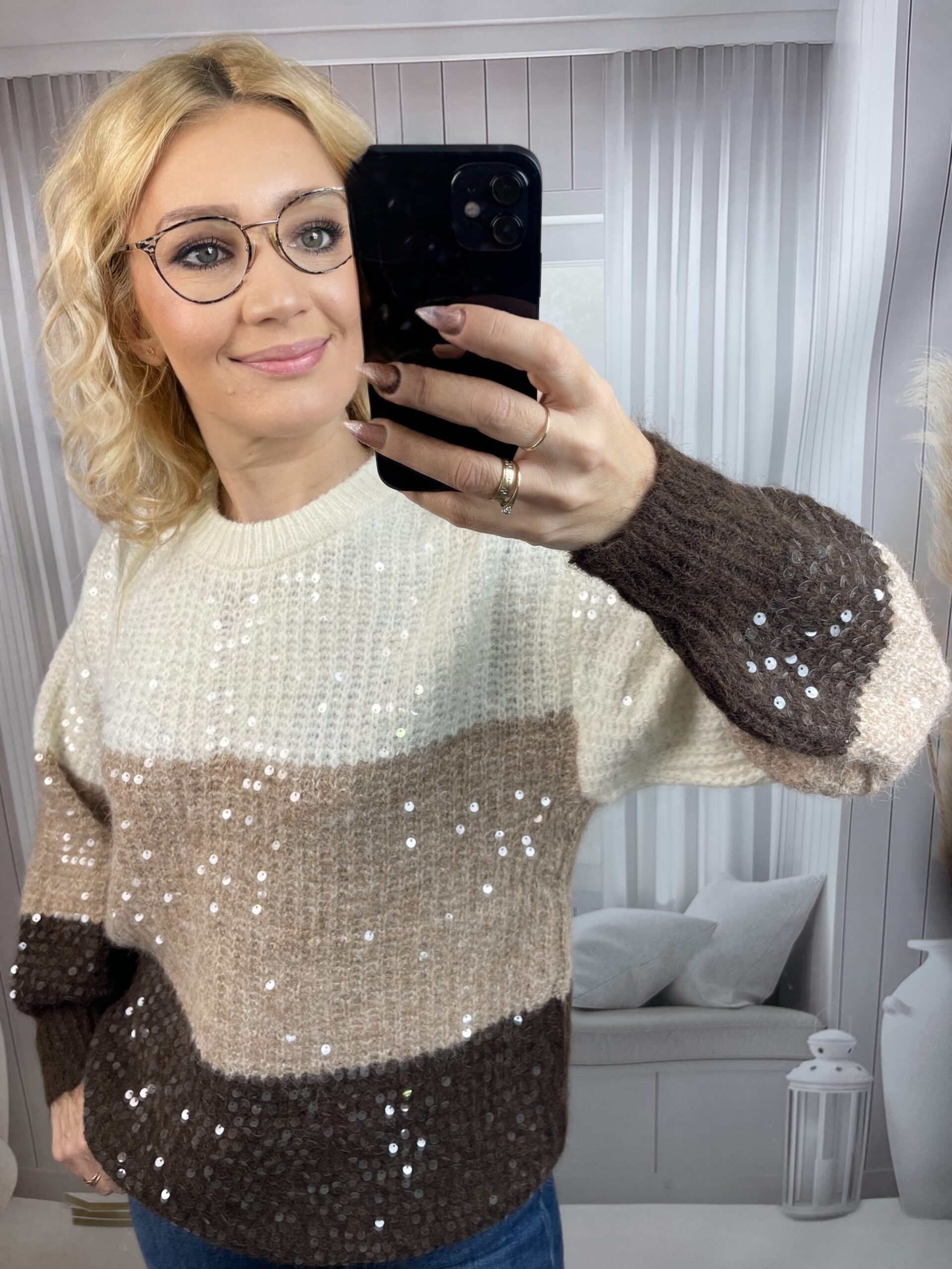 Sweter z Połyskującym Przodem Beżowo-Brązowy - obrazek 3