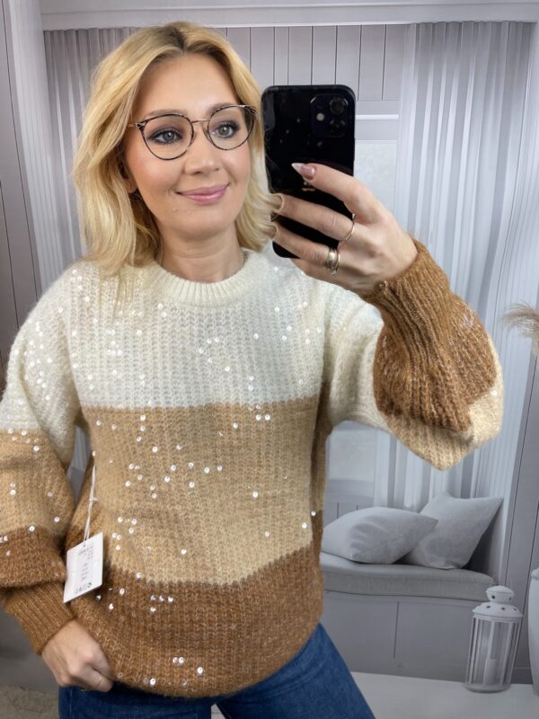 Sweter z Połyskującym Przodem Beżowo-Karmelowy