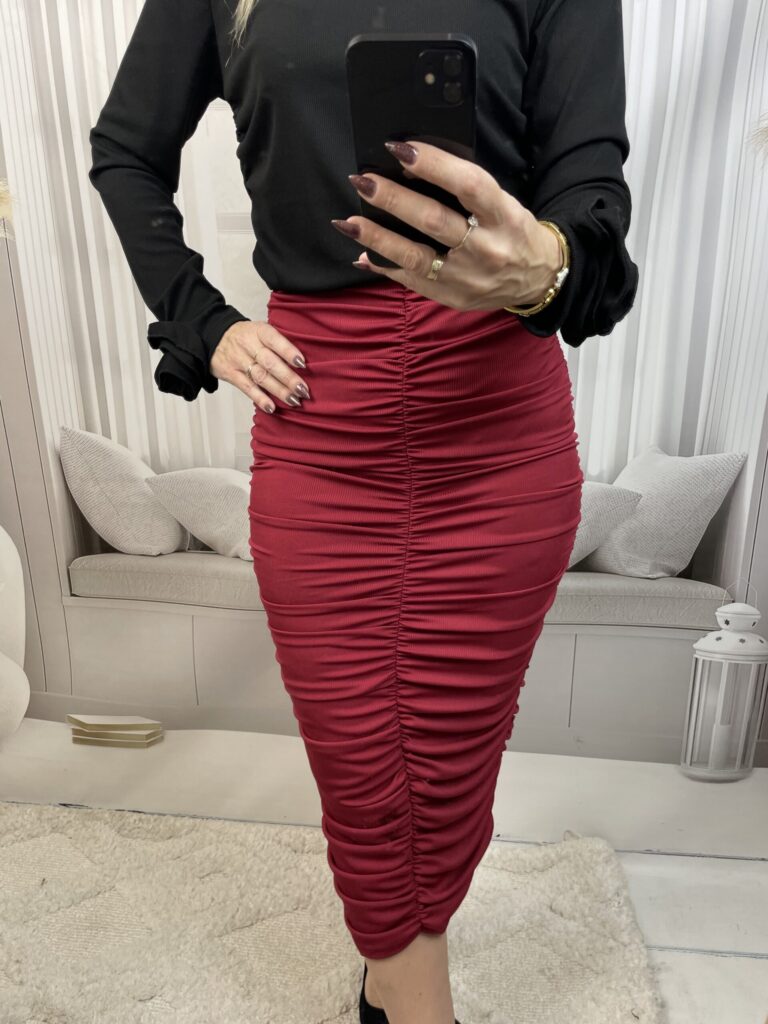 Spódnica Ołówkowa Prążkowana Marszczona Bordo