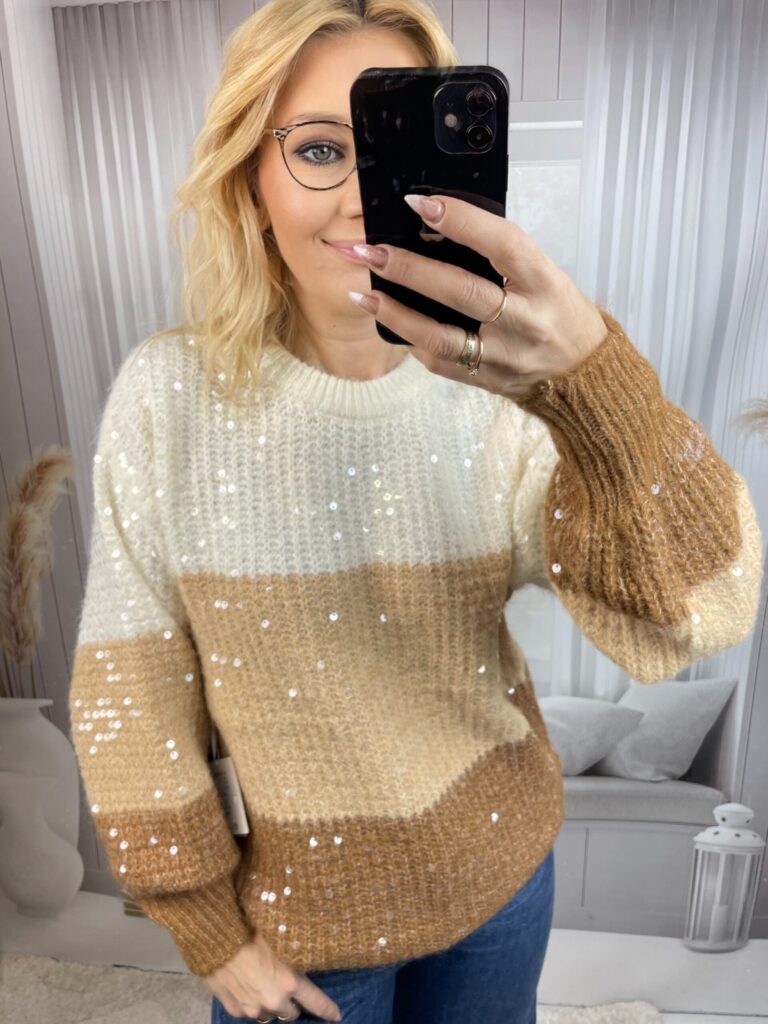 Sweter z Połyskującym Przodem Beżowo-Karmelowy