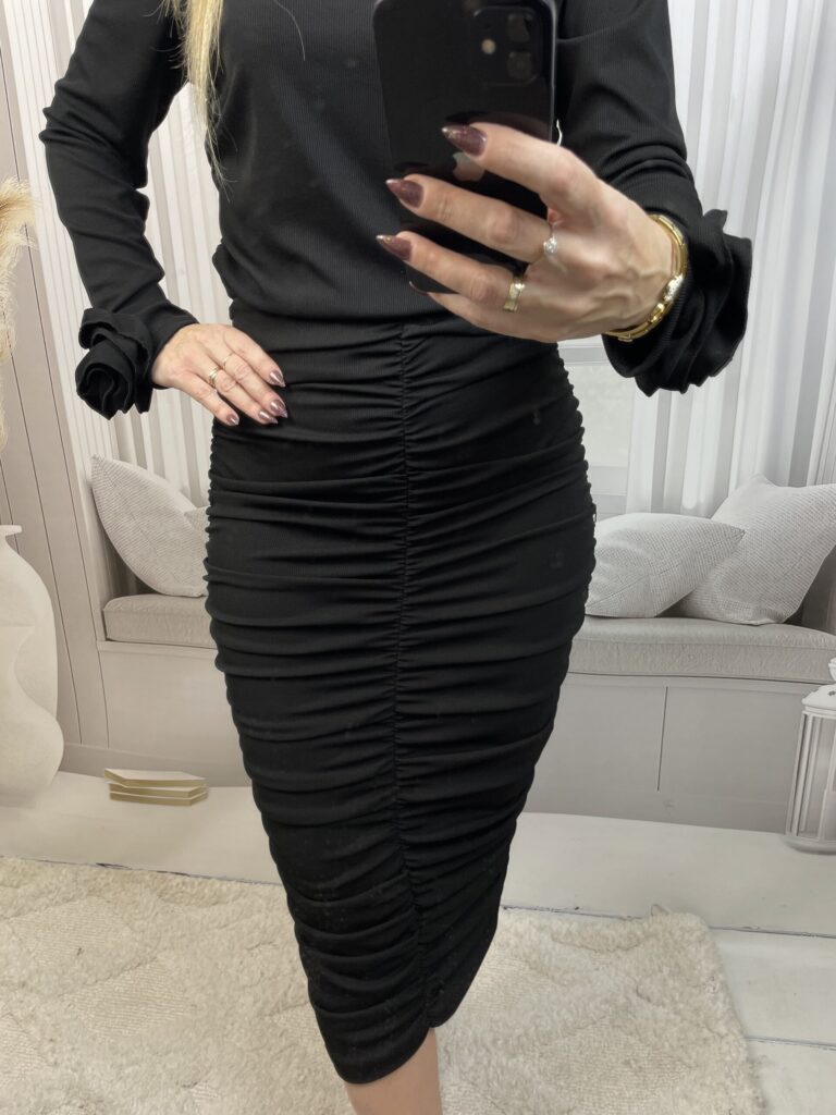 Spódnica Ołówkowa Prążkowana Marszczona Czarna