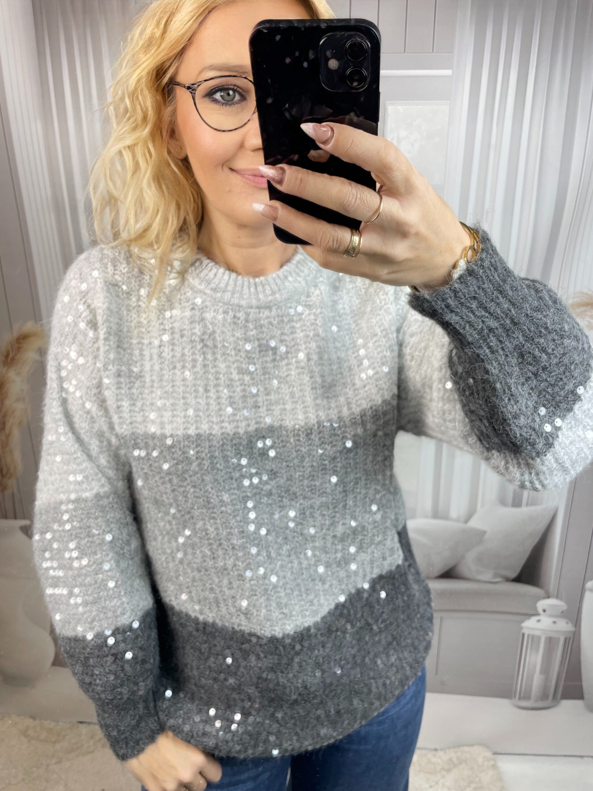 Sweter z Połyskującym Przodem Szaro-Szary - obrazek 2