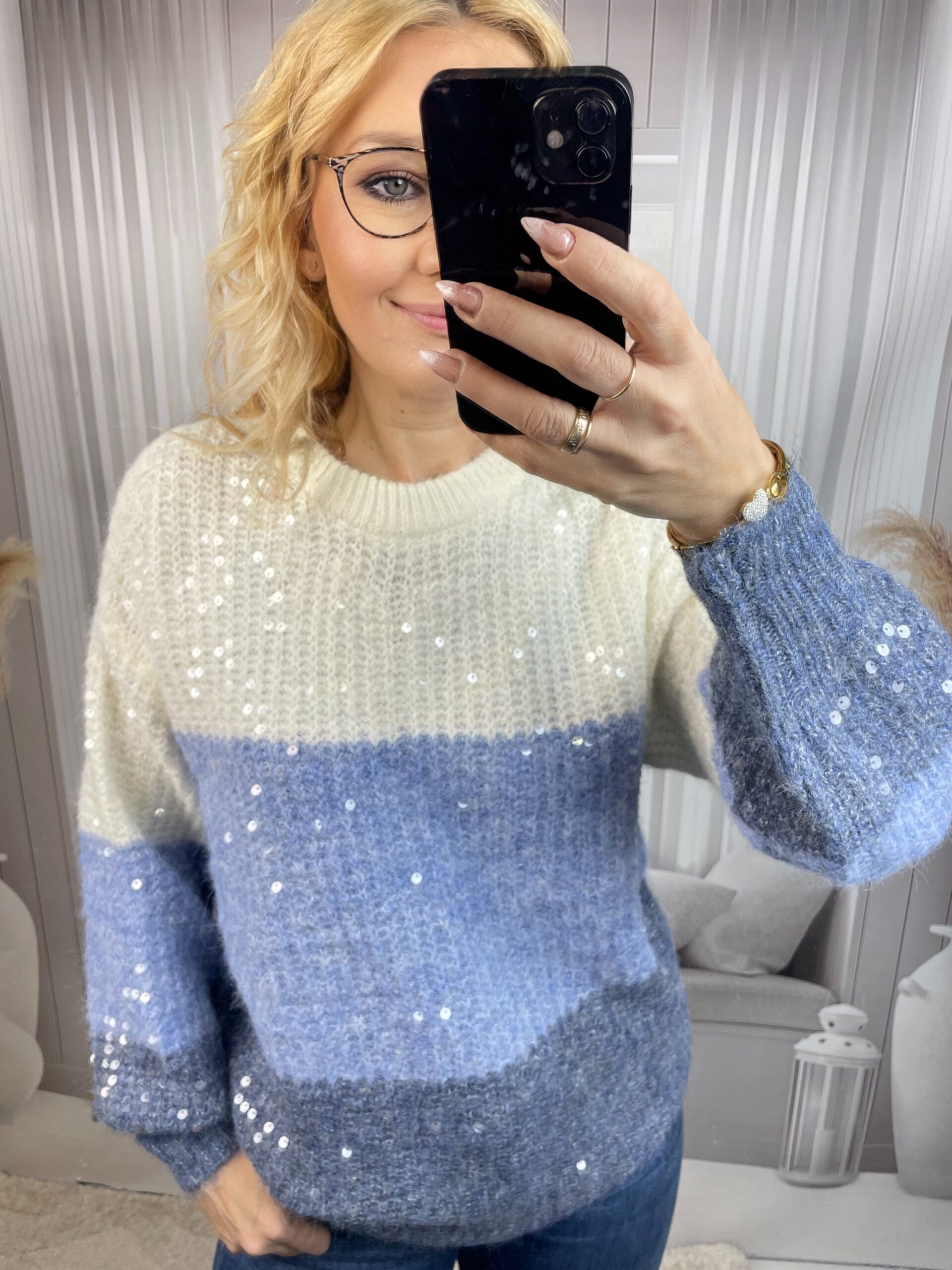 Sweter z Połyskującym Przodem Błękitno-Niebieski - obrazek 2