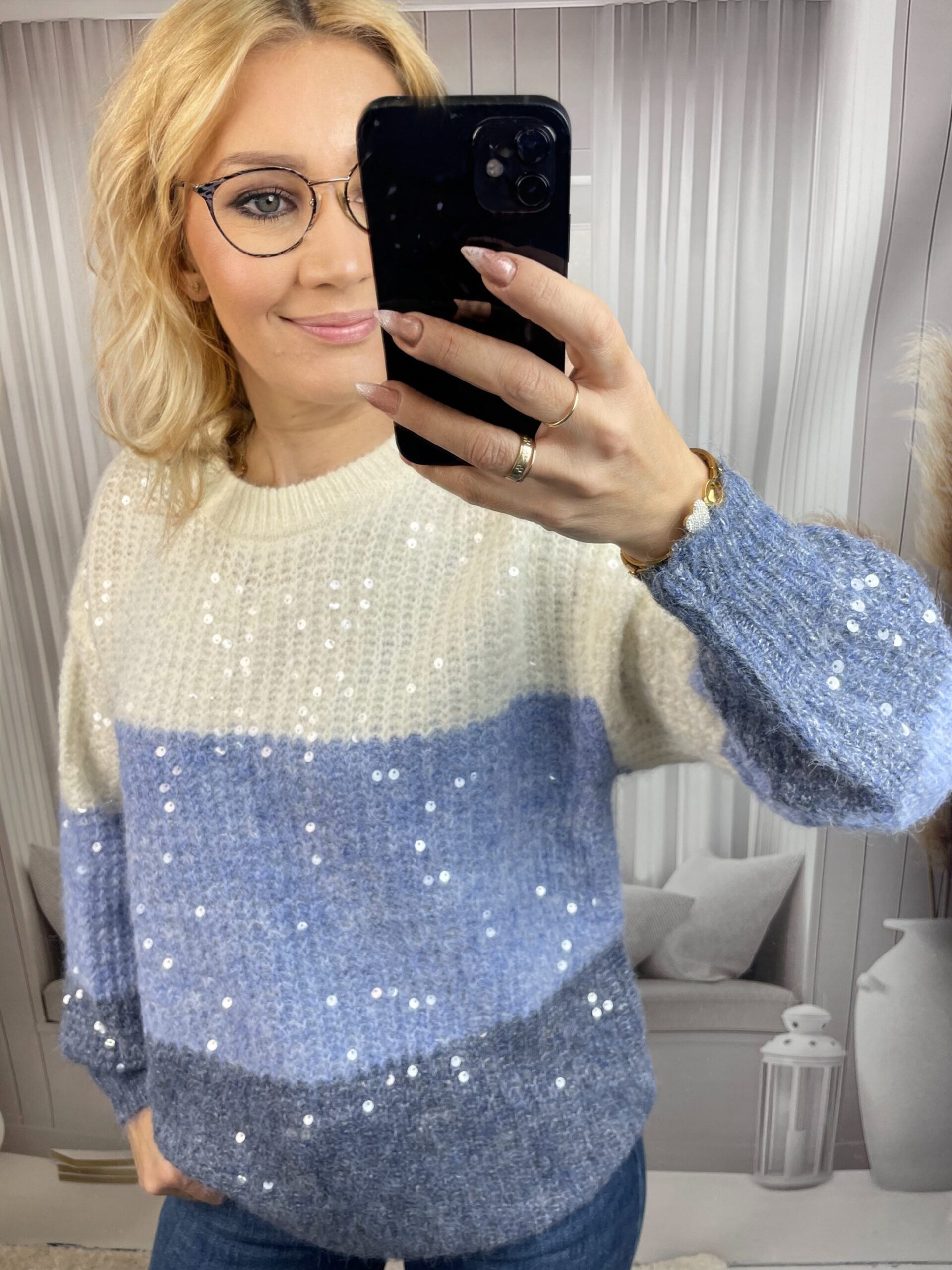 Sweter z Połyskującym Przodem Błękitno-Niebieski - obrazek 3