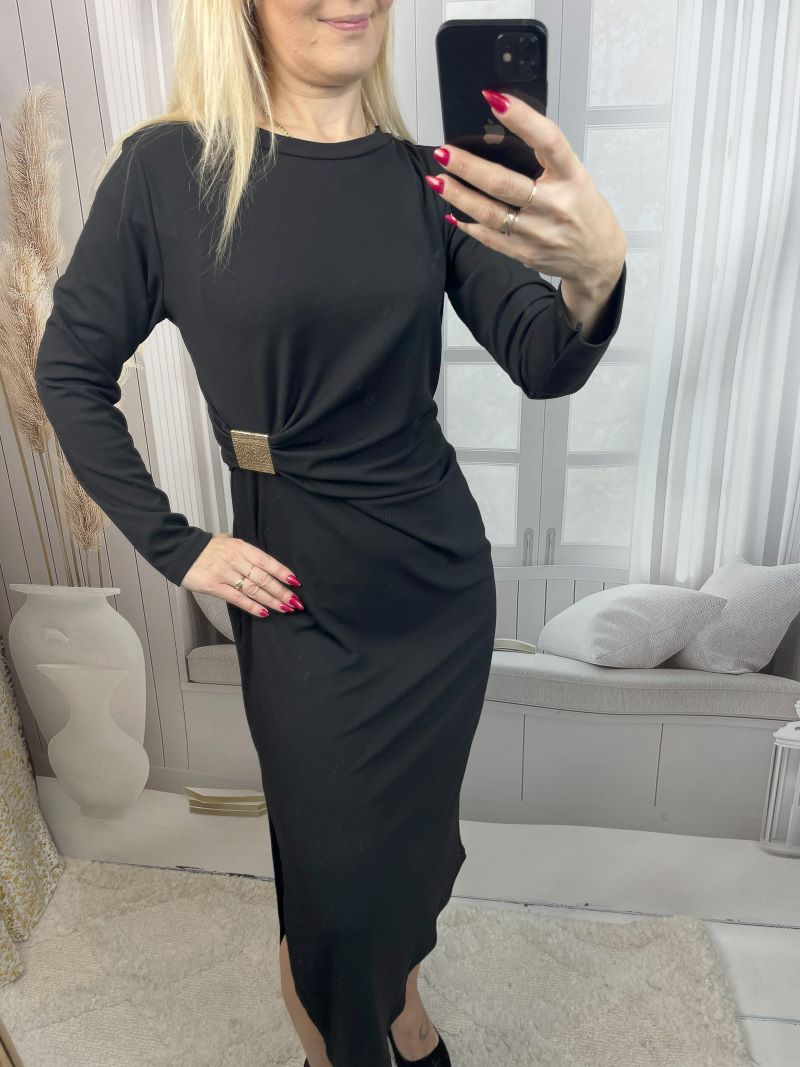 Klasyczna Sukienka Prążkowana z Klamrą Czerń - obrazek 3