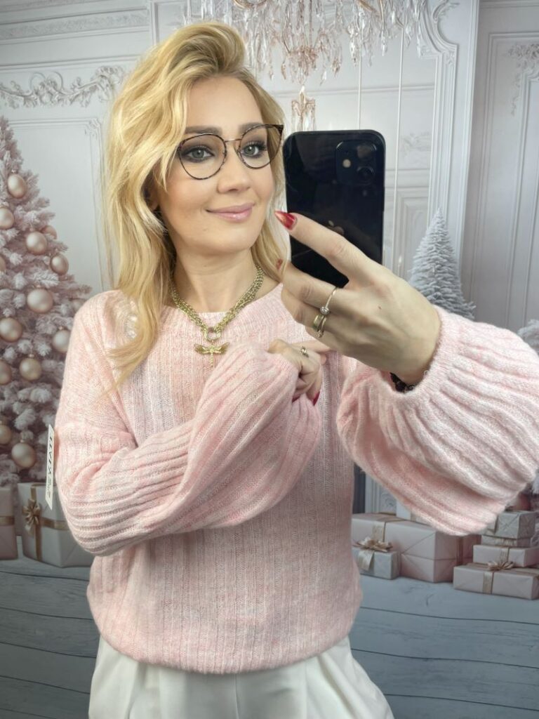 Sweter Prążkowany z Rękawem Dzwonkowym Pudrowy Róż