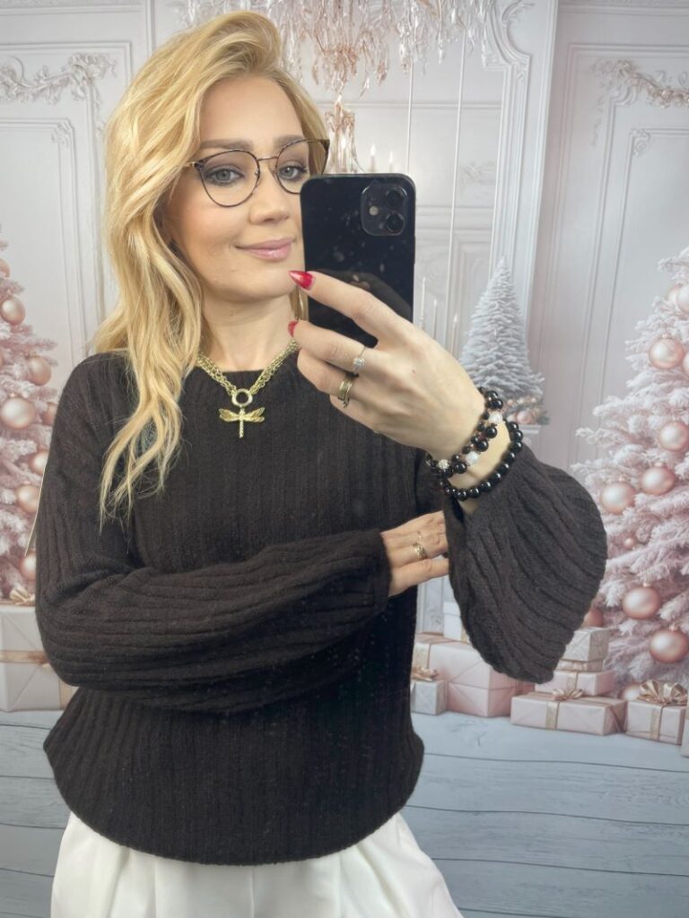 Sweter Prążkowany z Rękawem Dzwonkowym Czekolada