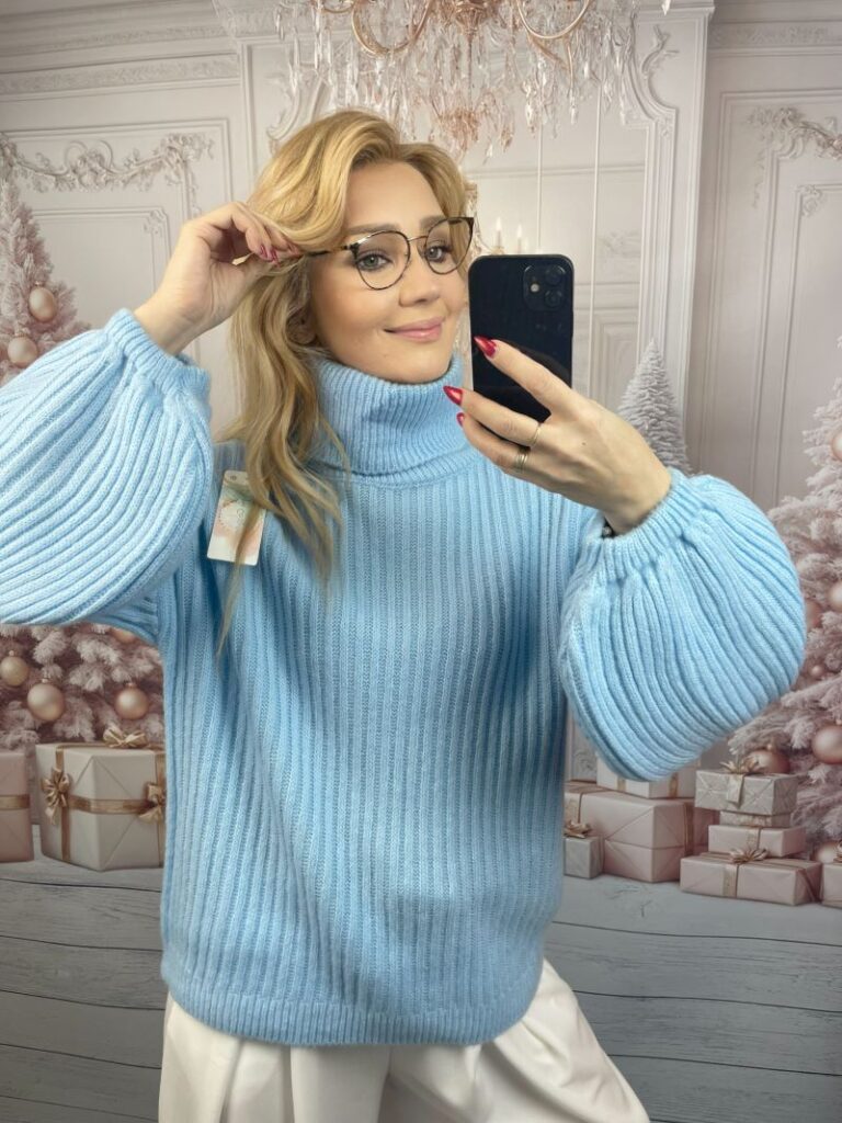 Golf Prążkowany z Rękawem Dzwonkowym Błękit