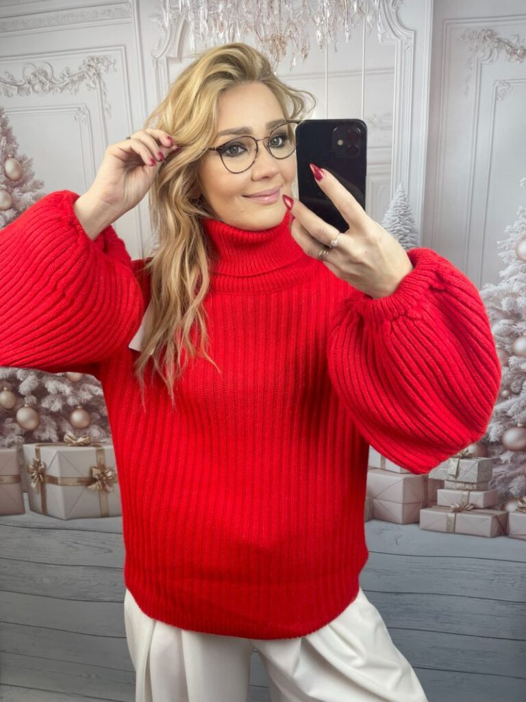 Golf Prążkowany z Rękawem Dzwonkowym Czerwień